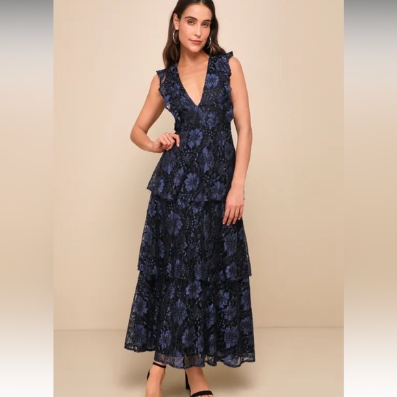 Lulus Dresses & Skirts - NWT Lulus Molinetto Navy Blue Lace Ruffled Tiered Sleeveless Maxi Dress XS